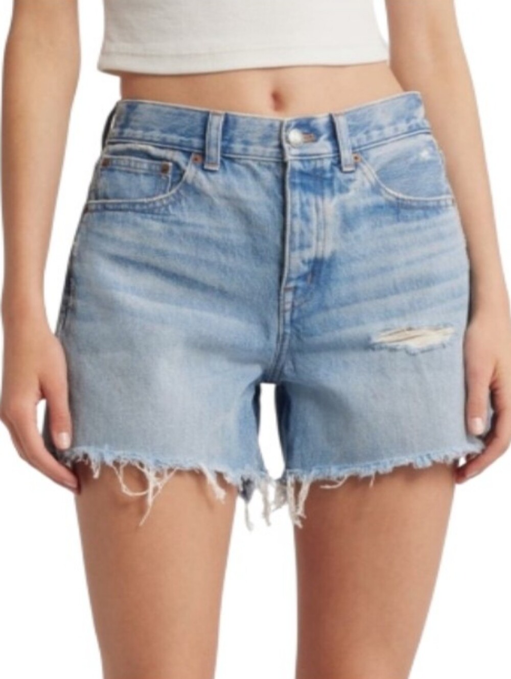NWT Madewell The Brynn Long Short Light Wash Denim Cutoff Distressed Shorts